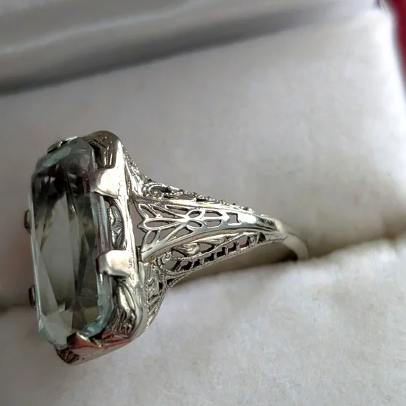 Art deco Filigree 14k White‎ Gold  Ring with Aquamarine - Picture 7 of 10
